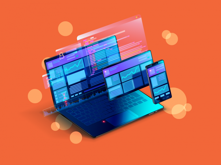 imagem de computador, celular e tablet em vetor destacados com cor azul, remetendo a tecnologia e a importância dela para um negócio. Fundo laranja.